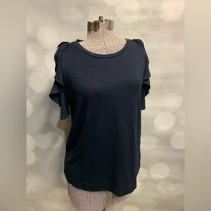 Loft Small Navy Ruffled Peek-a-boo cold shoulder Sleeve‎ Shirt